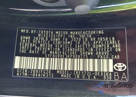 2019 Toyota Corolla Se z USA, uszkodzony, nr VIN 5YFBURHE3KP908775